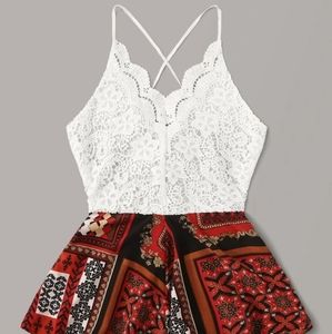💌 Lace Panel Scarf Print Tie Back Cami